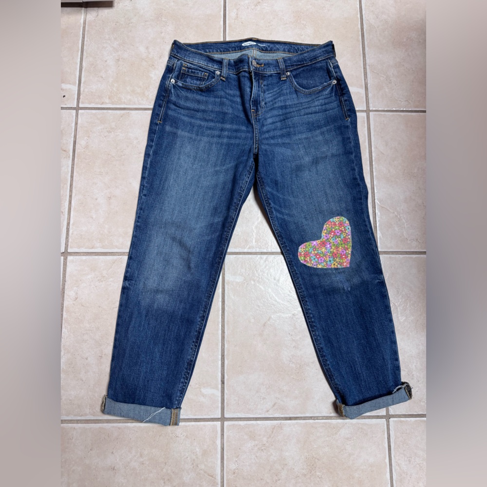 Old Navy Blue Boyfriend Jeans with Colorful Heart Patch
